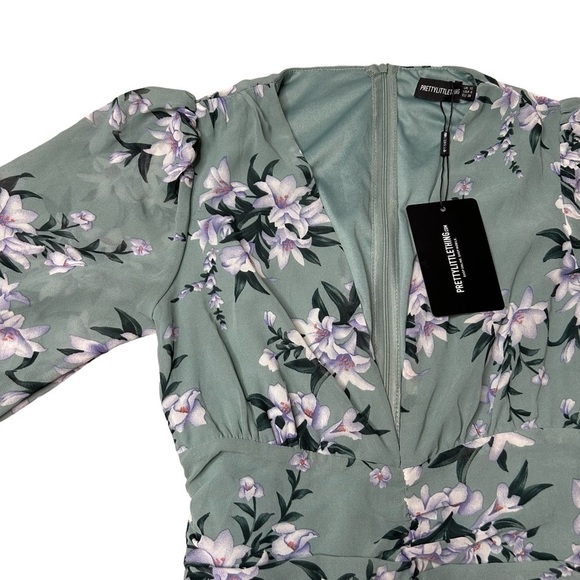 PrettyLittleThing Sage Green Floral Print Chiffon Ruched Long Sleeve Midi Dress - Picture 13 of 16